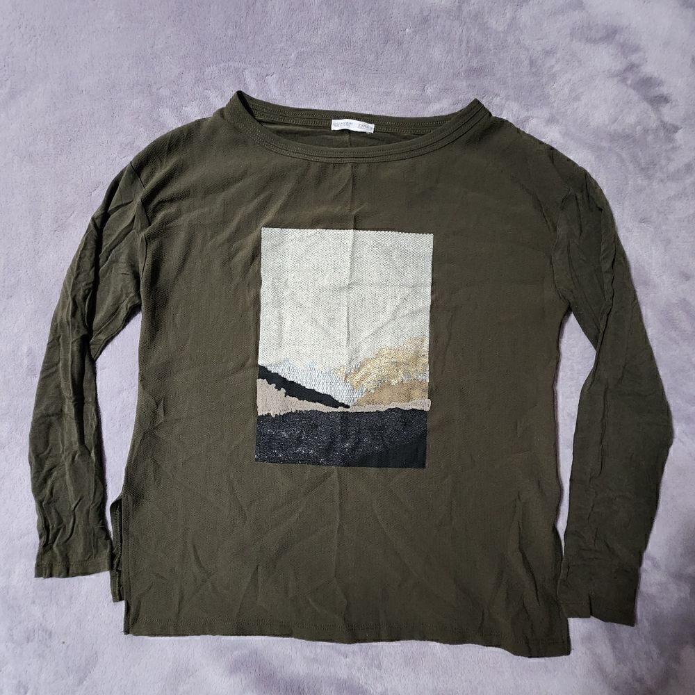 Zara Collection B/W Shirt Womens Mex 26 (S) Green Artwork Long Sleeve